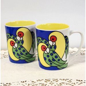 Vintage Fitz and Floyd Variations Tropical Parrot Coffee Mugs 4 pc Set 1979